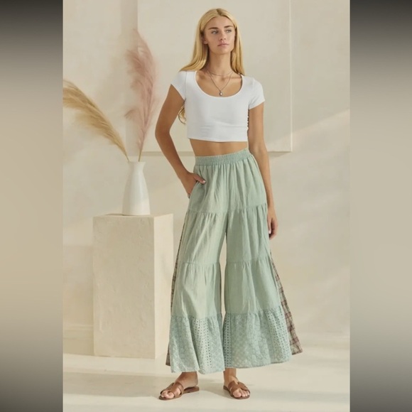 ODDY Pants - ODDY Sage Green Wide Leg Plaid Bohemian Pants